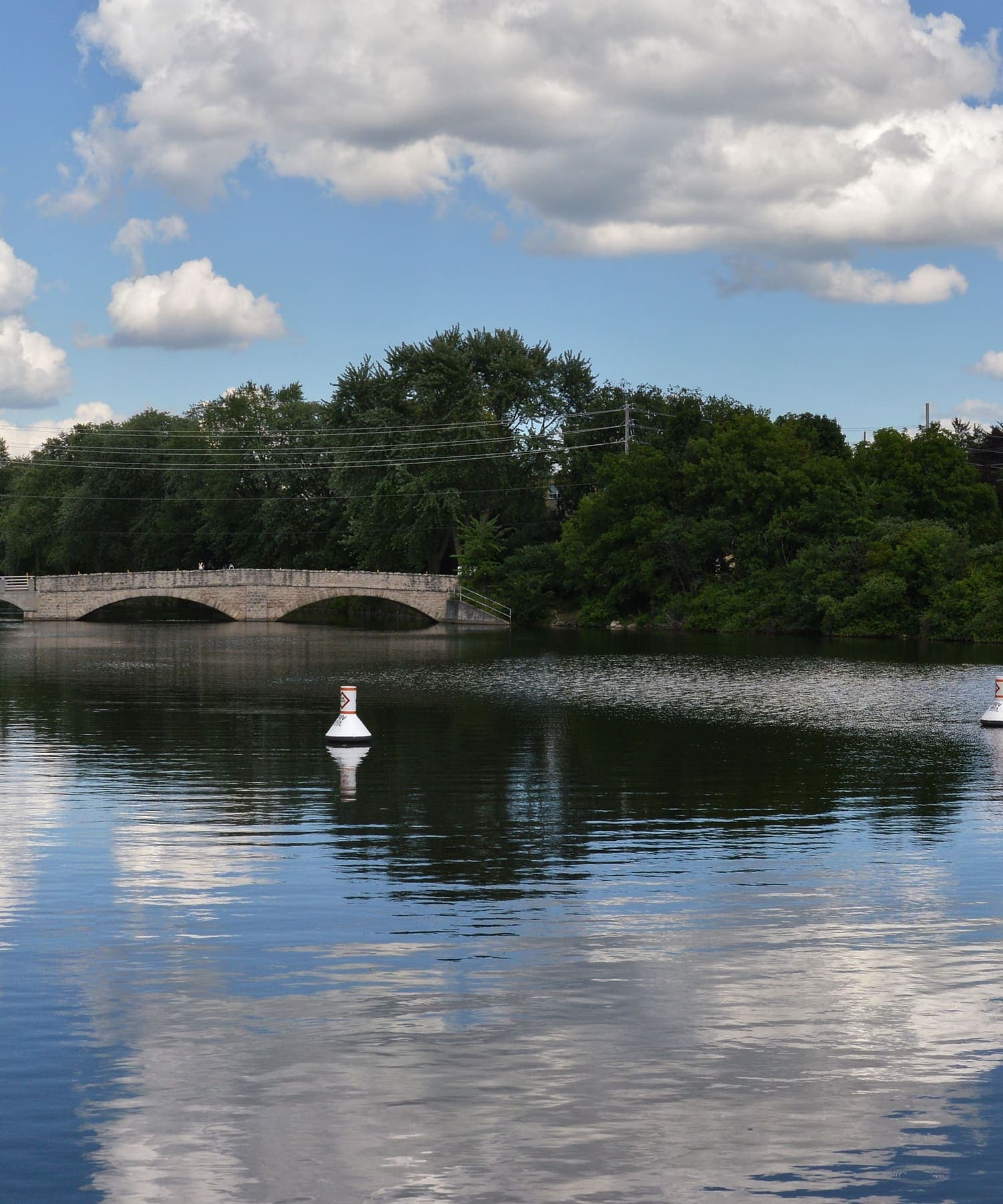 The Speed River on a summer day, with a stone bridge in the distance