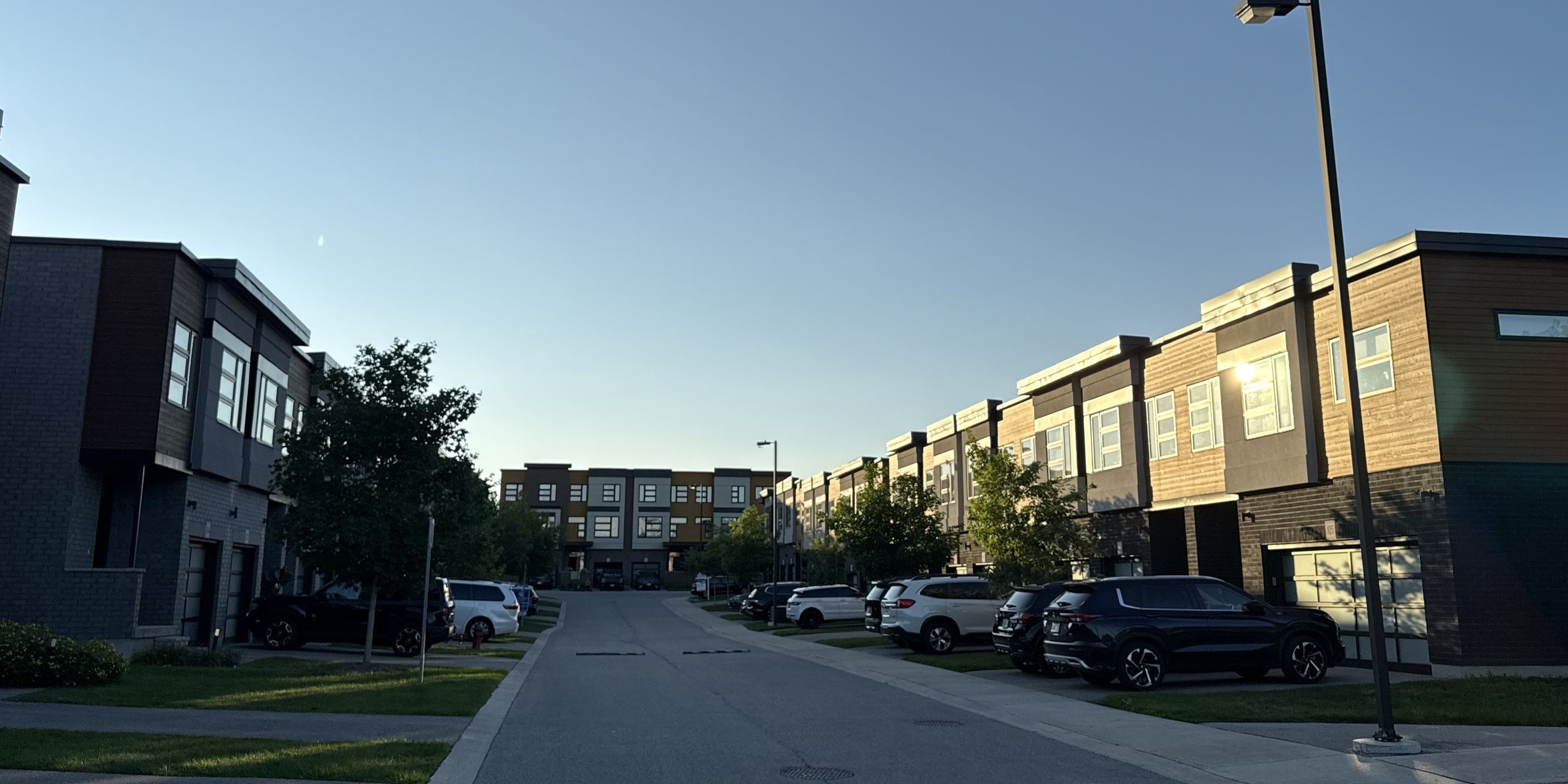 A Guelph street of student housing in evening light