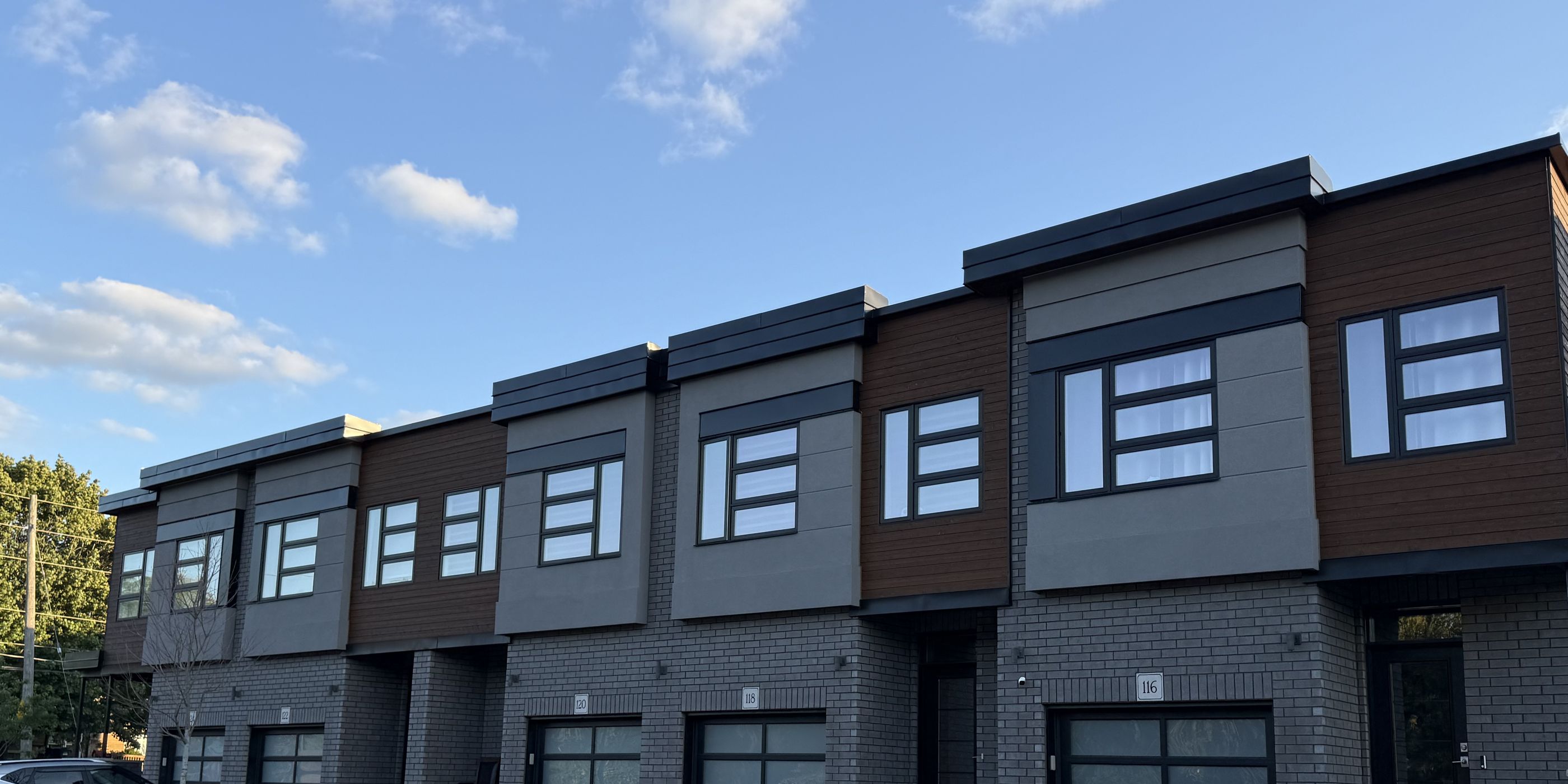 A row of student townhouses in Guelph at golden hour